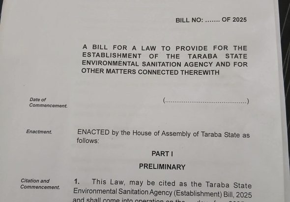 Taraba Assembly Passes Environmental Sanitation Agency Establishment Bill, 2025