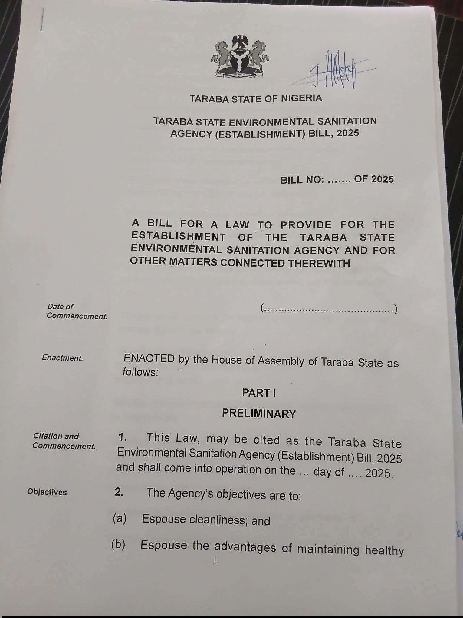 Taraba Assembly Passes Environmental Sanitation Agency Establishment Bill, 2025